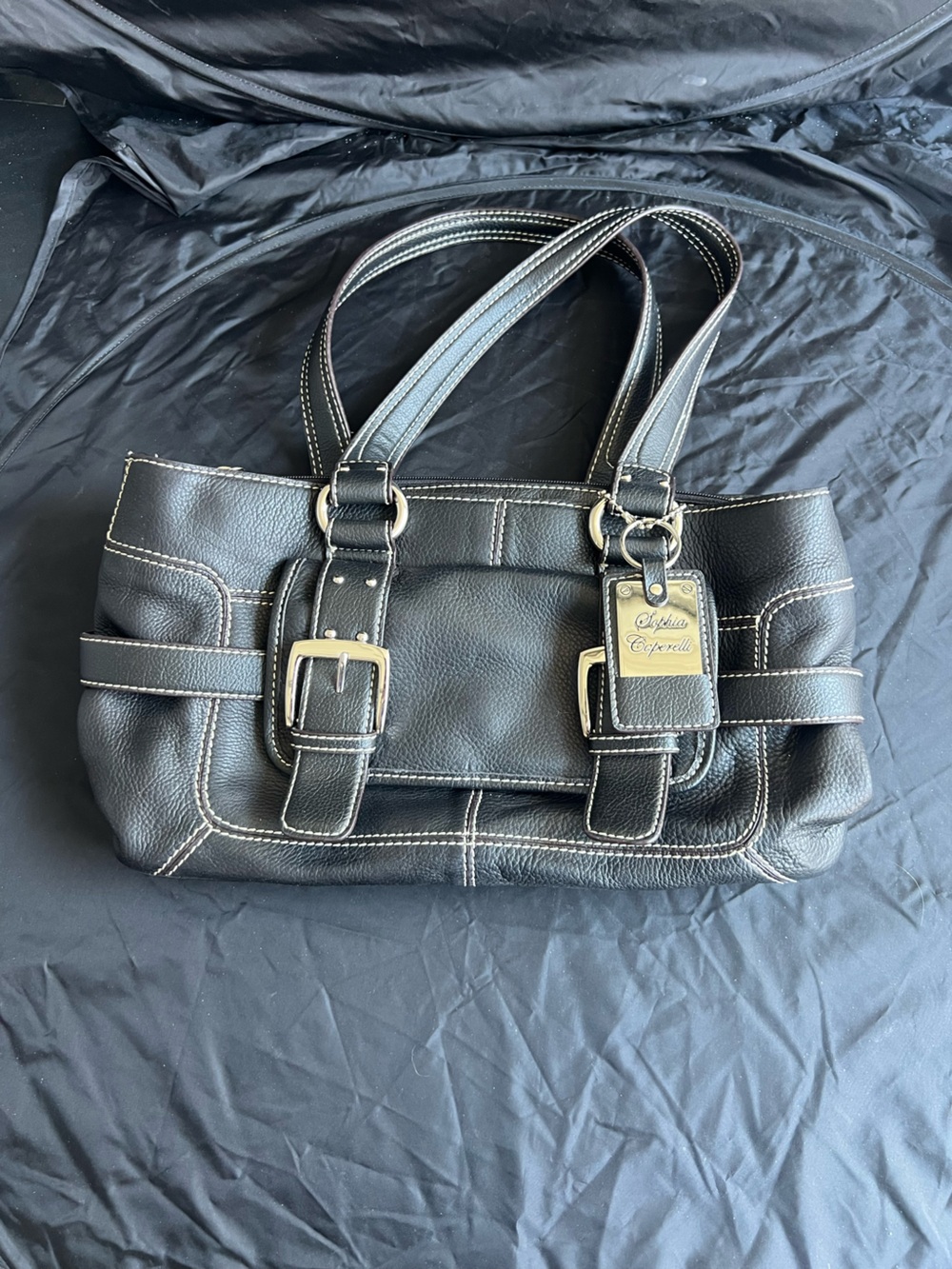 Sophia Caperelli Black Leather Shoulder Bag with White Stitching